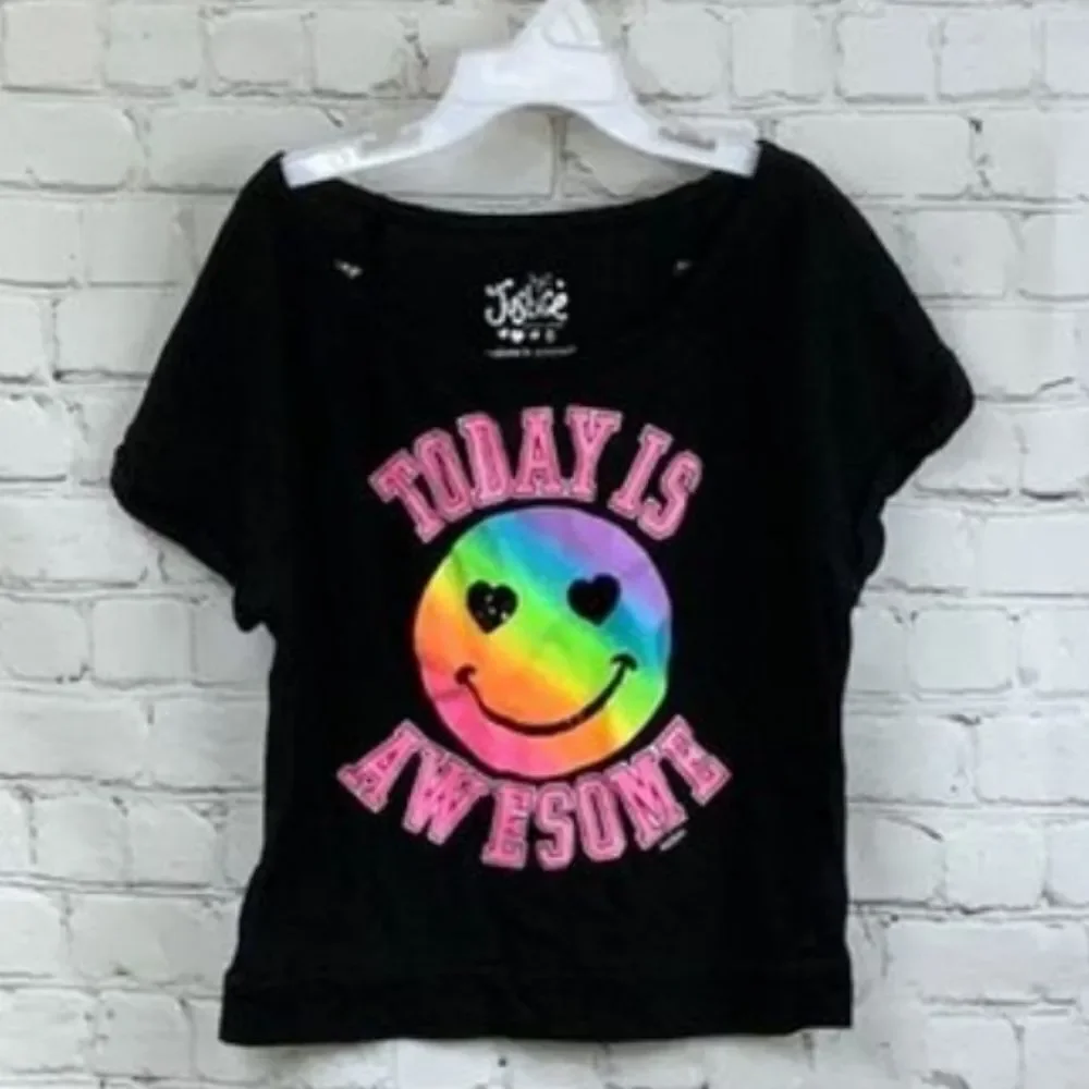 Justice Girls 8 Today Is Awesome Rainbow Smiley Sequin Black Graphic Tee Shirt